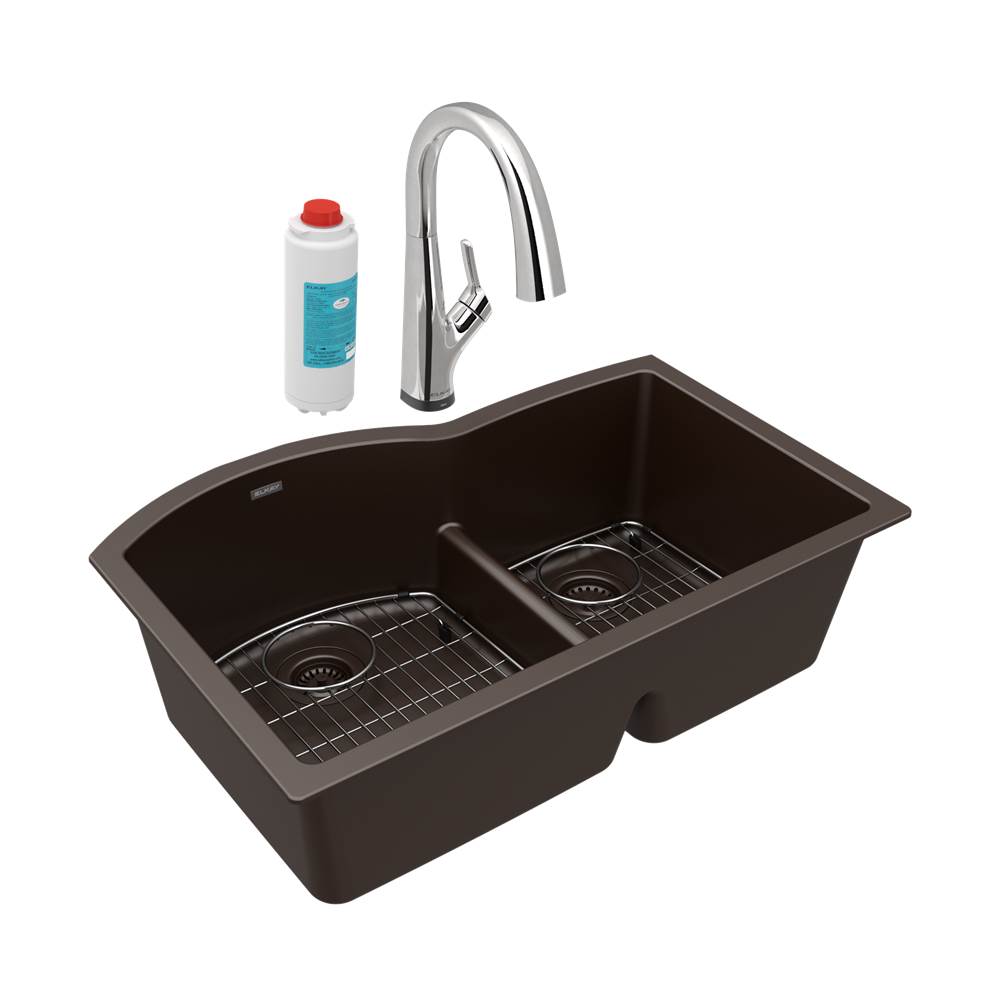 General Plumbing Supply DistributionElkayQuartz Classic 33'' x 22'' x 10'', Offset 60/40 Double Bowl Undermount Sink Kit with Filtered Faucet with Aqua Divide, Mocha