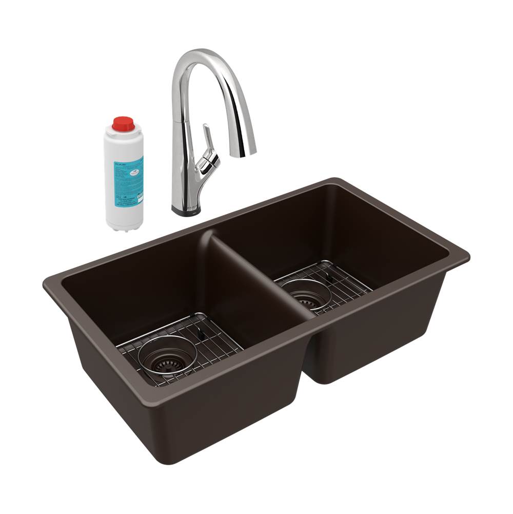 General Plumbing Supply DistributionElkayQuartz Classic 33'' x 18-1/2'' x 9-1/2'', Equal Double Bowl Undermount Sink Kit with Filtered Faucet, Mocha