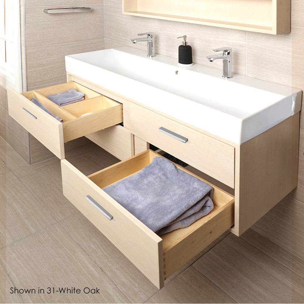 General Plumbing Supply DistributionLacavaWall-mount under-counter vanity with four push-open drawers adorned with metal inserts and equipped with drawer organizers.