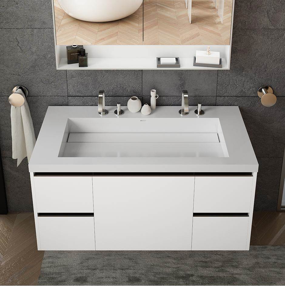 General Plumbing Supply DistributionLacavaVanity-top wide center-bowl Bathroom Sink made of solid surface, with an overflow and decorative drain cover.