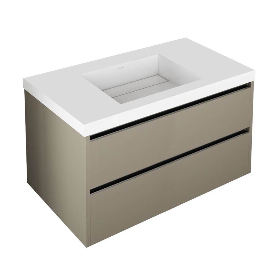 General Plumbing Supply DistributionLacavaWall-mount under counter vanity with 2 drawers and a notch in back. Bathroom Sink H262Tsold separately .W: 35 3/4'' D: 20 7/8'' H: 22''.