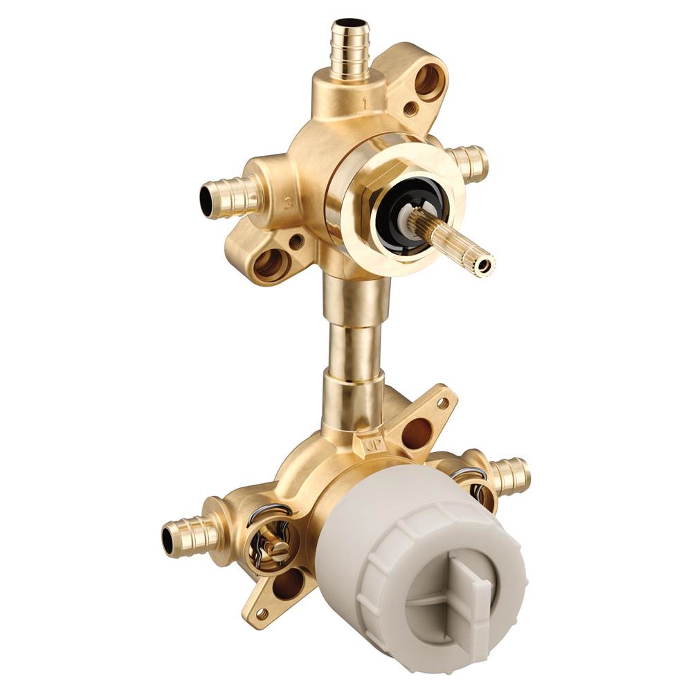 General Plumbing Supply DistributionMoenM-CORE 3-Series Mixing Valve with 3 or 6 Function Integrated Transfer Valve with Crimp Ring PEX Connections and Stops