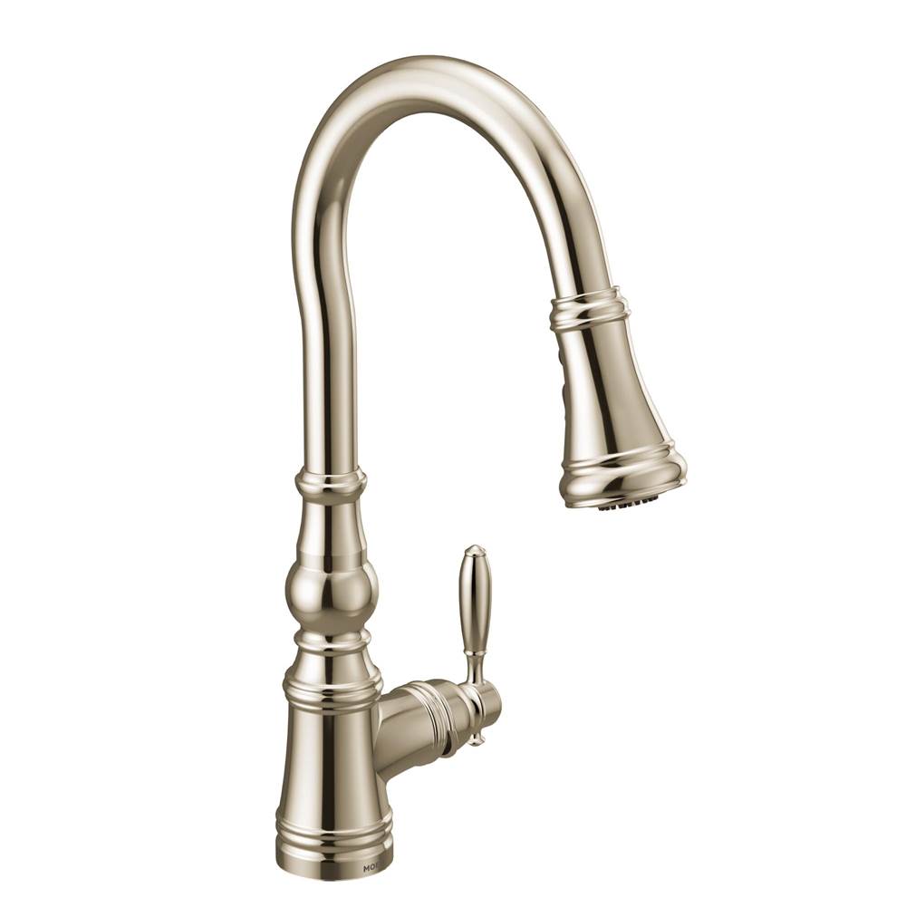 General Plumbing Supply DistributionMoenWeymouth Shepherd''s Hook Pulldown Kitchen Faucet Featuring Metal Wand with Power Boost, Polished Nickel