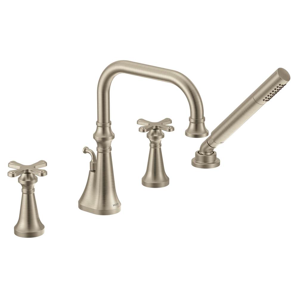 General Plumbing Supply DistributionMoenColinet Two Handle Deck-Mount Roman Tub Faucet Trim with Cross Handles and Handshower, Valve Required, in Brushed Nickel