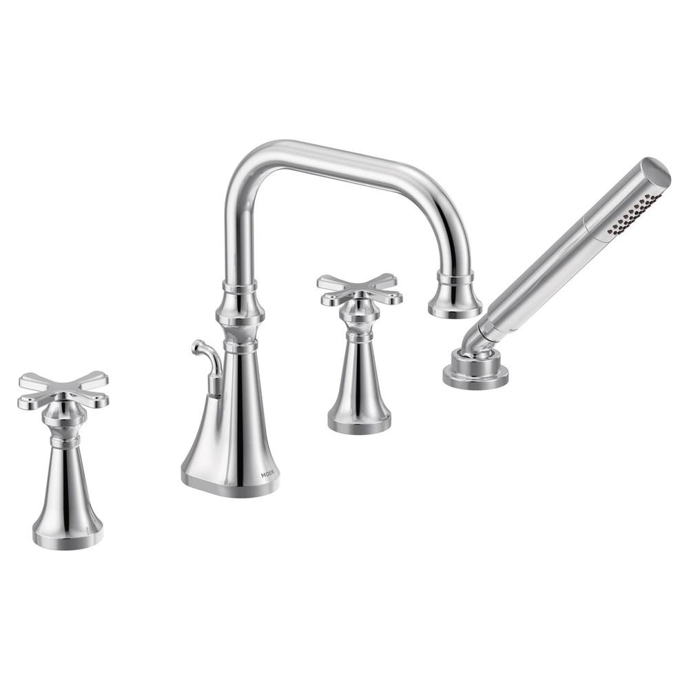 General Plumbing Supply DistributionMoenColinet Two Handle Deck-Mount Roman Tub Faucet Trim with Cross Handles and Handshower, Valve Required, in Chrome
