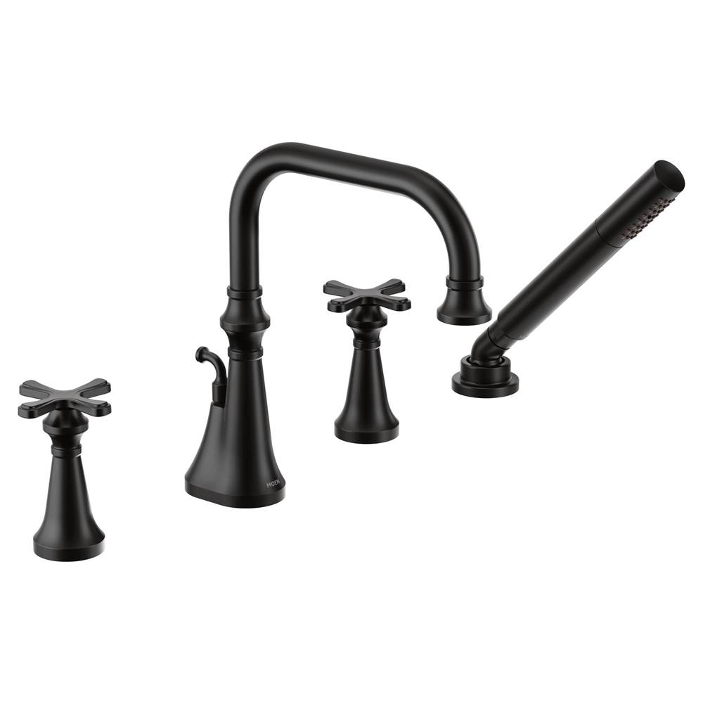 General Plumbing Supply DistributionMoenColinet Two Handle Deck-Mount Roman Tub Faucet Trim with Cross Handles and Handshower, Valve Required, in Matte Black