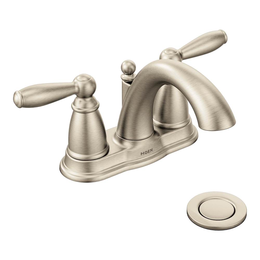 General Plumbing Supply DistributionMoenBrantford Two-Handle Low-Arc Centerset Bathroom Faucet with Drain Assembly, Brushed Nickel